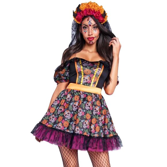 Plus Day of the Dead Sugar Skull Costume Womens 1x 2x Dia de los Muertos Dress - Picture 7 of 12